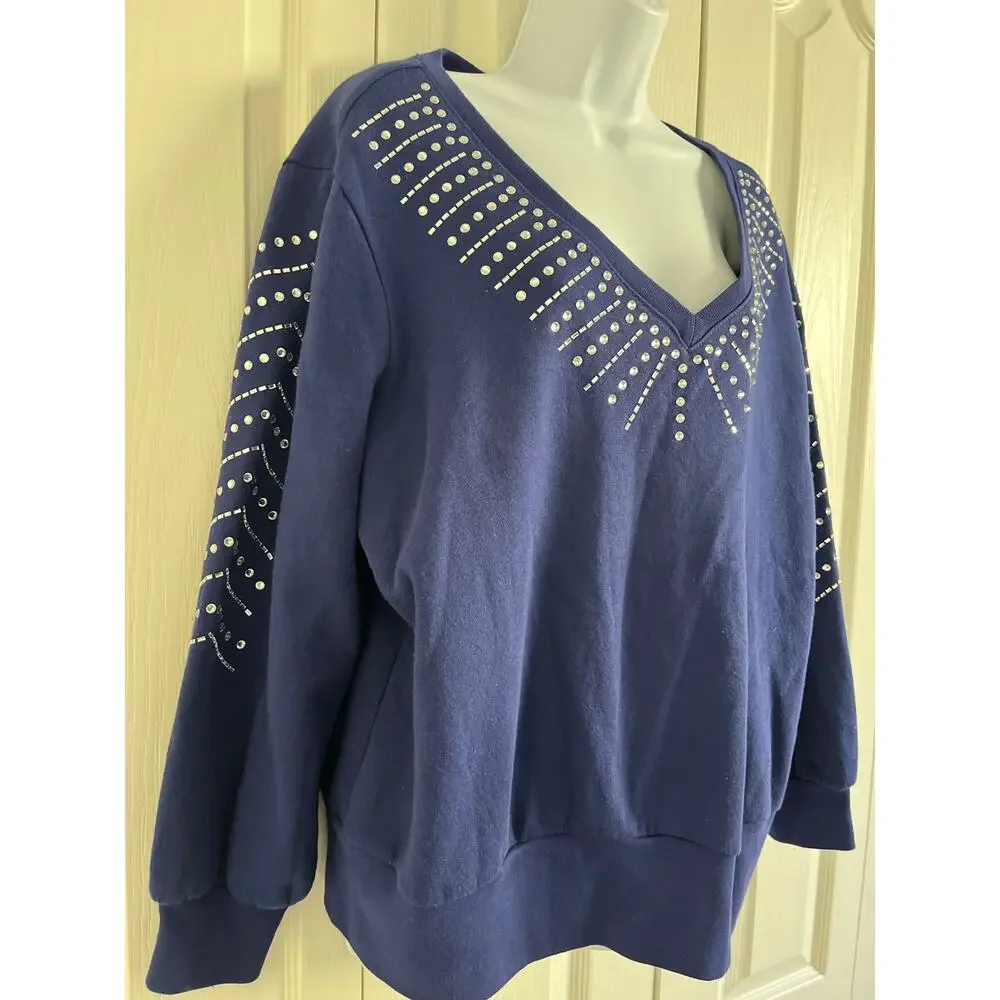 INC International Concepts Navy Rhinestone Embellished V-Neck Sweatshirt Top 1X